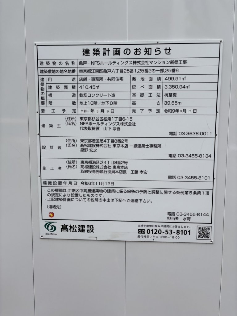 亀戸・NFSホールディングス株式会社マンション新築工事 建築看板写真（2026年4月5日撮影）