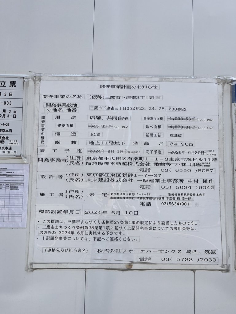 (仮称)三鷹市下連雀3丁目計画 建築看板写真（2026年4月19日撮影）