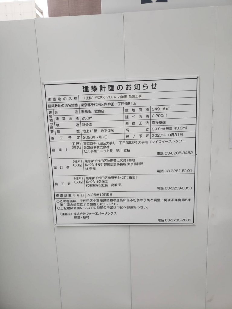 (仮称) WORK VILLA 内神田 新築工事 建築看板写真（2026年6月9日撮影）