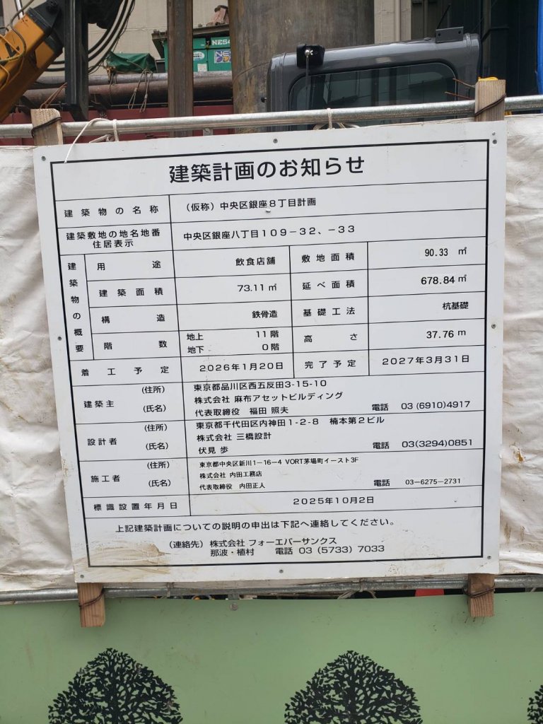 (仮称) 中央区銀座8丁目計画 建築看板写真（2026年7月21日撮影）