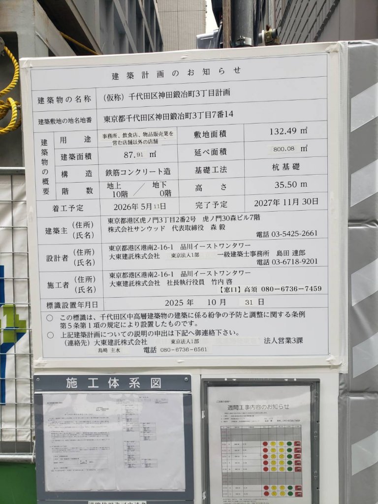 (仮称)千代田区神田鍛冶町3丁目計画 建築看板写真(2026年7月21日撮影)