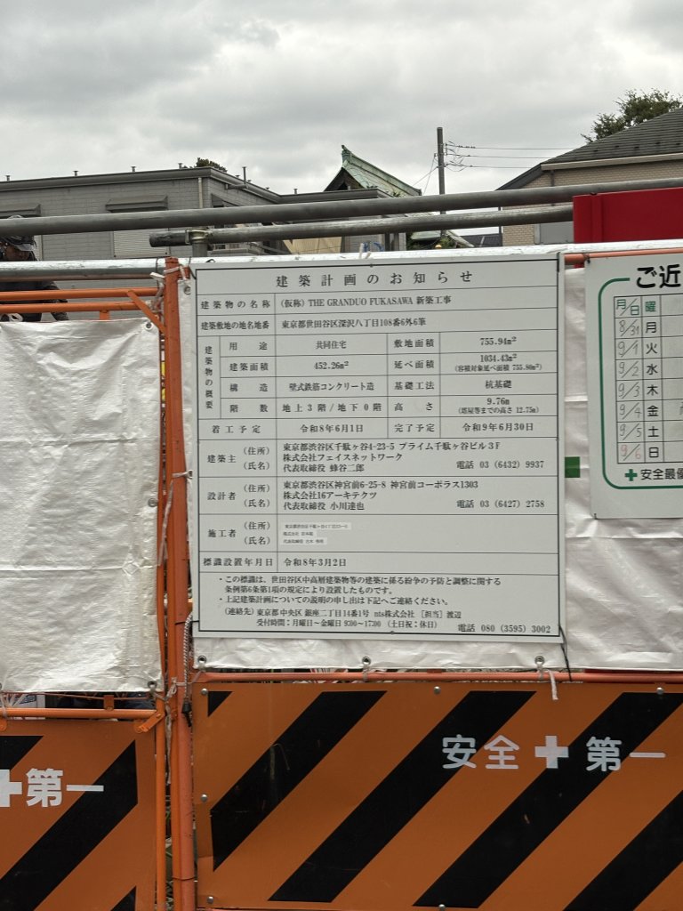(仮称) THE GRANDUO FUKASAWA 新築工事 建築看板写真（2026年8月31日撮影）