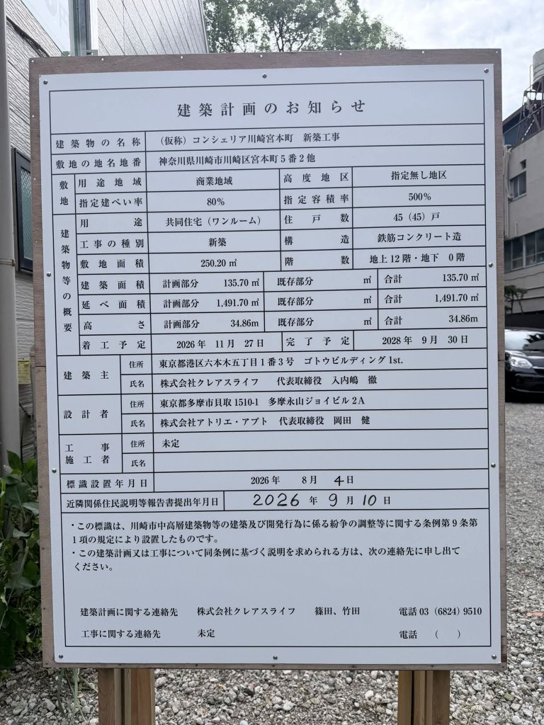 (仮称)コンシェリア川崎宮本町 新築工事 建築看板写真（2026年9月17日撮影）