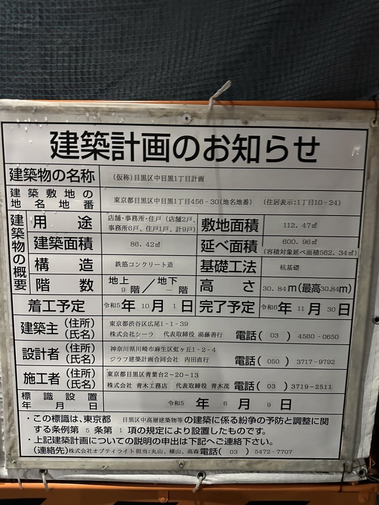 (仮称)目黒区中目黒1丁目計画 建築看板写真(2024年11月15日撮影)