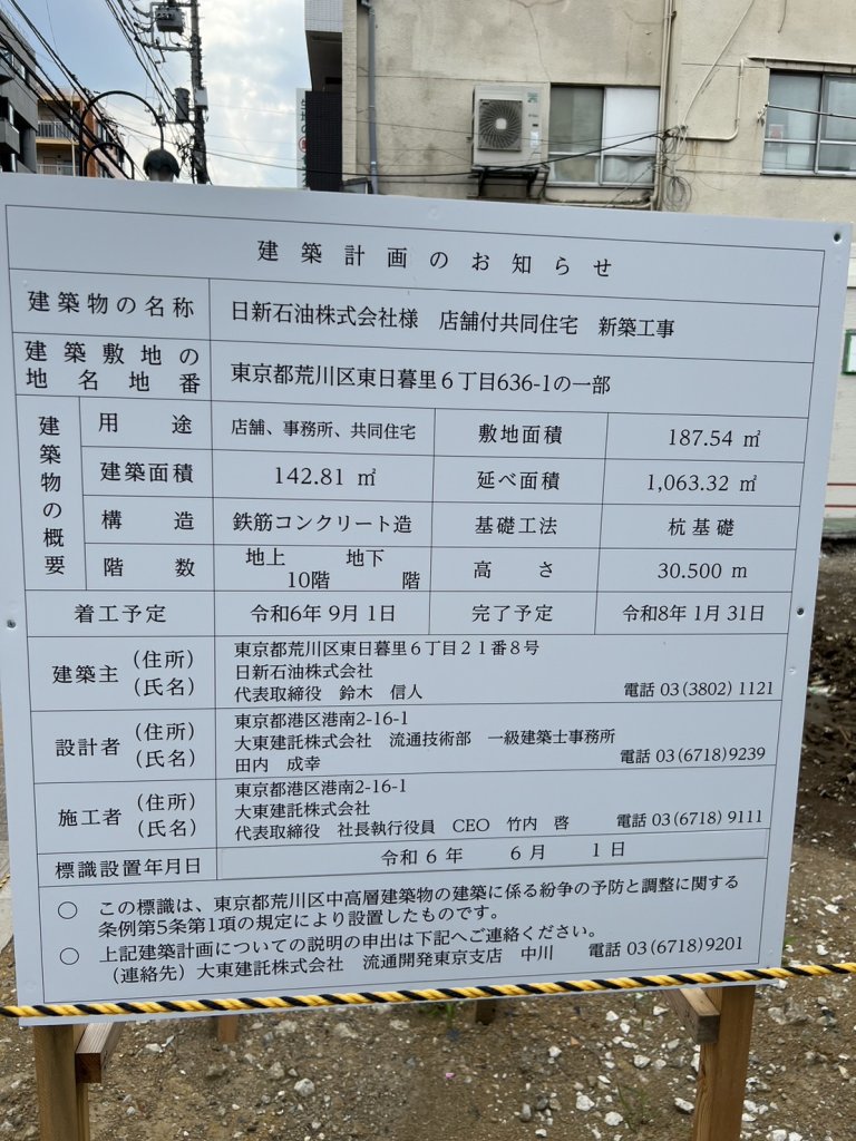 日新石油株式会社様 店舗付共同住宅 新築工事 建築看板写真(2024年11月18日撮影)