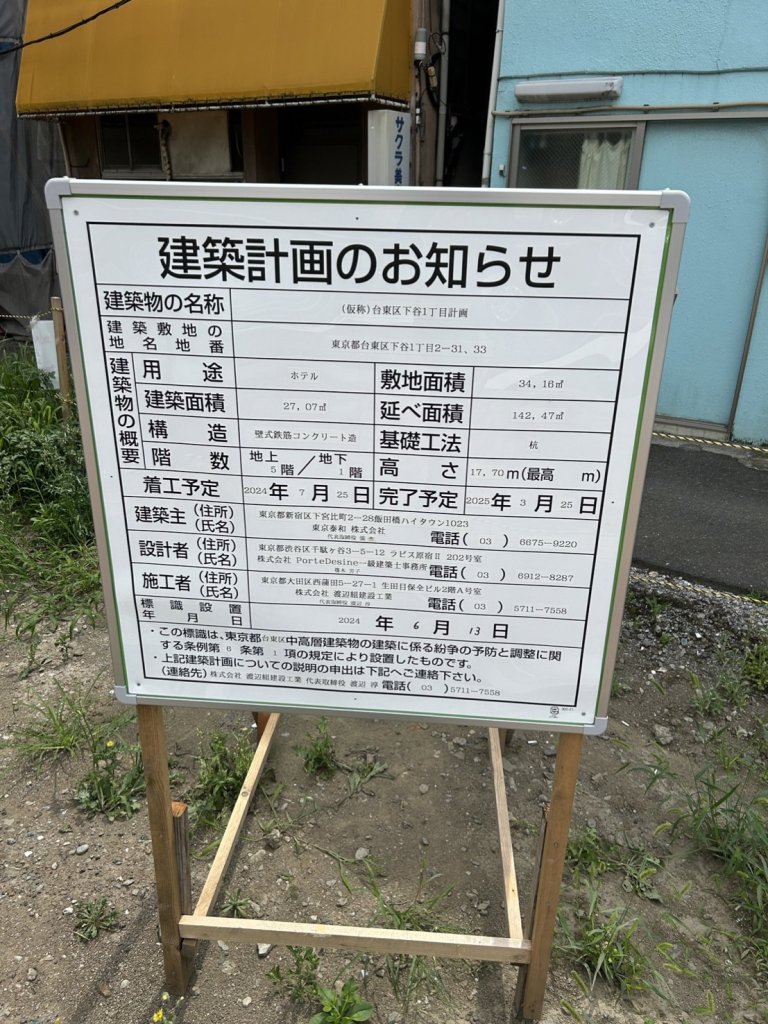(仮称)台東区下谷1丁目計画 建築看板写真(2024年11月18日撮影)