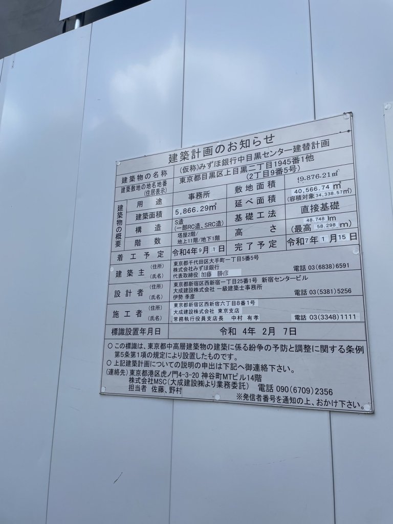 (仮称)みずほ銀行中目黒センター建替計画 建築看板写真(2024年11月18日撮影)