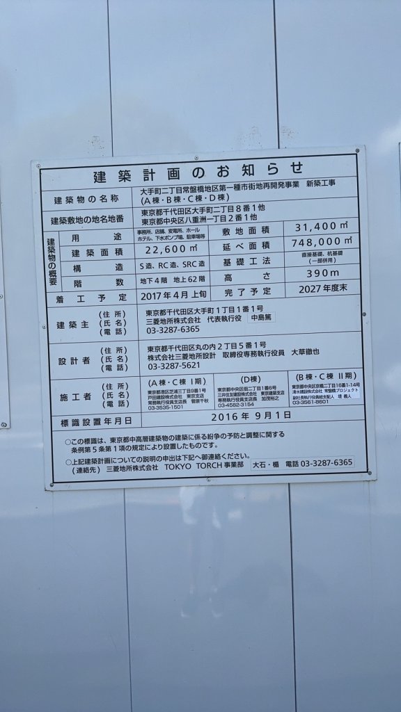 大手町二丁目常盤橋地区第一種市街地再開発事業 新築工事(A棟・B棟・C棟・D棟) 建築看板写真(2024年11月18日撮影)