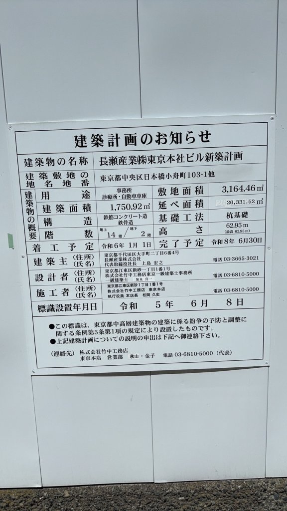 長瀬産業(株)東京本社ビル新築計画 建築看板写真(2024年11月18日撮影)