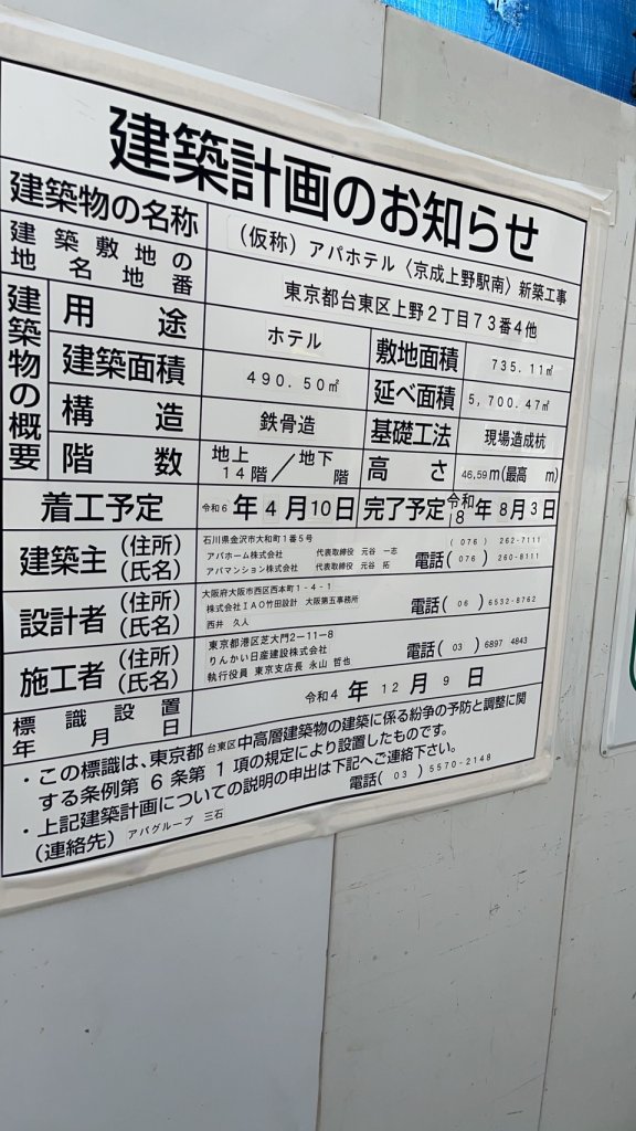 (仮称) アパホテル〈京成上野駅南〉 新築工事 建築看板写真(2024年11月18日撮影)