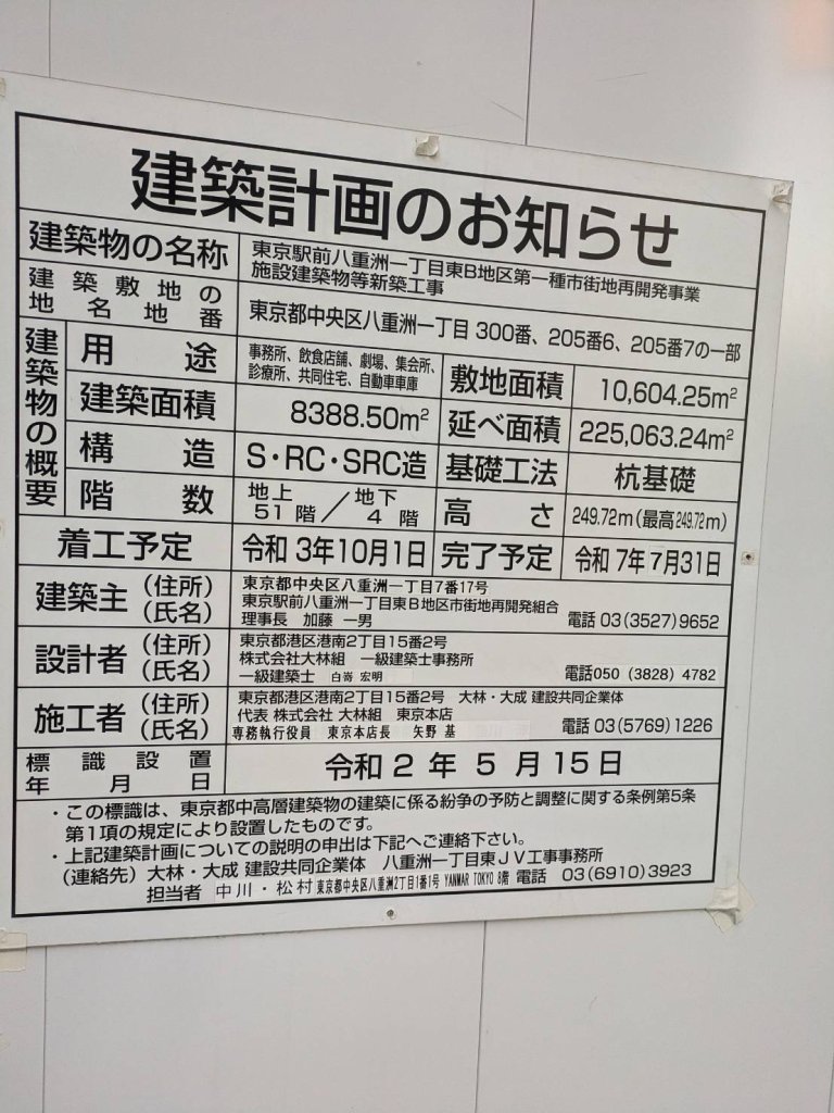 東京駅前八重洲一丁目東B地区第一種市街地再開発事業 施設建築物等新築工事 建築看板写真(2024年11月18日撮影)