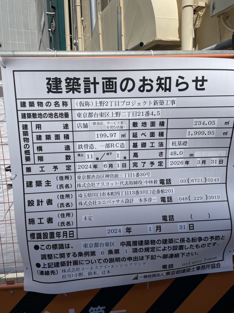 (仮称)上野2丁目プロジェクト新築工事 建築看板写真(2024年11月18日撮影)