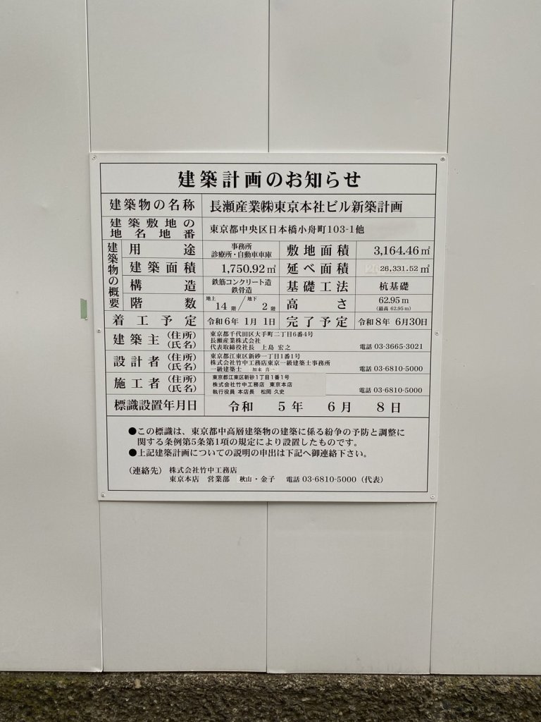 長瀬産業(株)東京本社ビル新築計画 建築看板写真(2024年11月18日撮影)