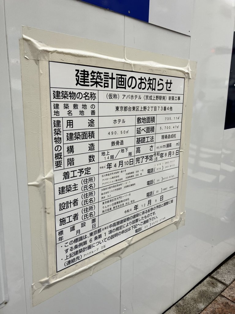 (仮称) アパホテル〈京成上野駅南〉 新築工事 建築看板写真(2024年11月18日撮影)