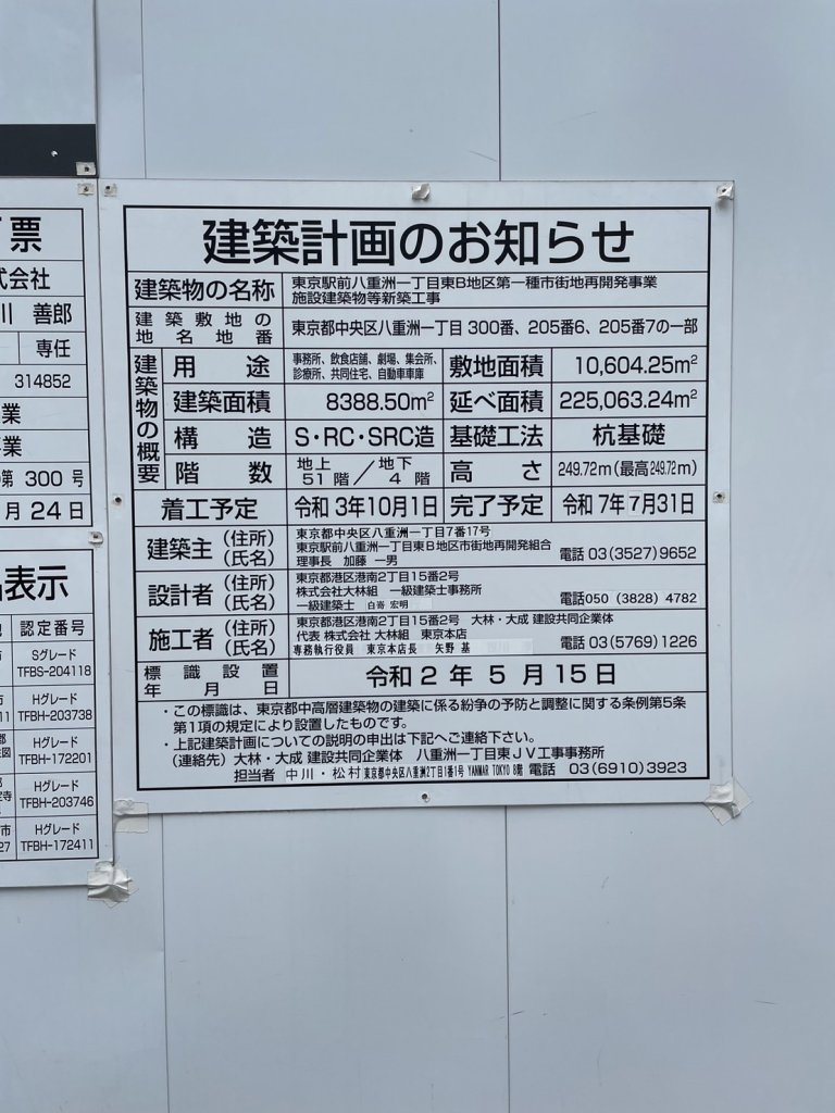 東京駅前八重洲一丁目東B地区第一種市街地再開発事業 施設建築物等新築工事 建築看板写真(2024年11月18日撮影)