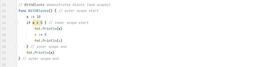 Outer and inner code blocks in Go