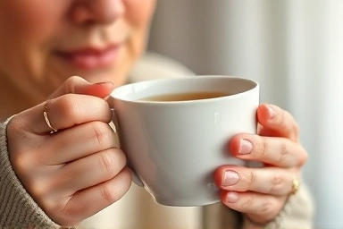 Comforting hand holding warm tea cup