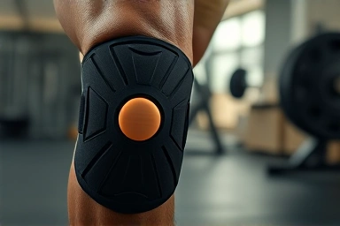 Knee brace on a leg, symbolizing recovery and support.