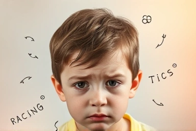 Child with ADHD and tics, symbolizing internal struggle and hope.