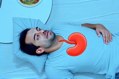 Stomach acid refluxing into esophagus from lying down after eating.