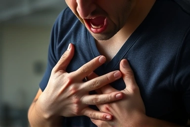 Person in severe chest pain, urgent medical emergency.