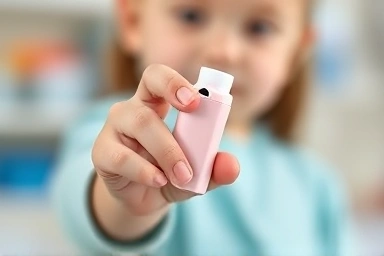 Child holding asthma inhaler for treatment