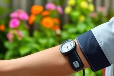Blood pressure monitor on arm, healthy garden background.
