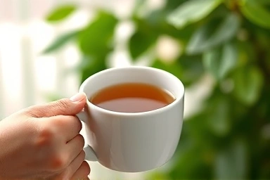 Warm mug of herbal tea with blurred green leaves background.