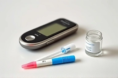 Blood glucose meter, lancet, and test strips for accurate health monitoring.