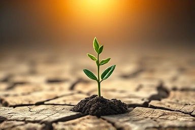 Hopeful sapling growing from dry earth after hardship