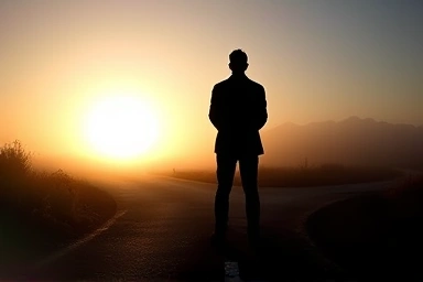 Person at a crossroads facing a hopeful sunrise