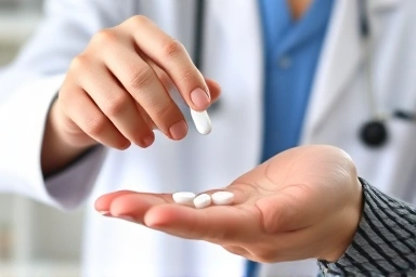 Doctor giving medication to patient, emphasizing treatment adherence.