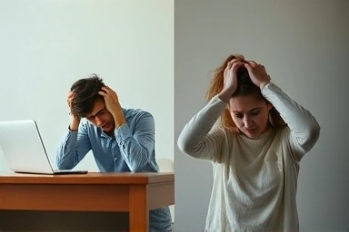 Split image illustrating burnout and depression symptoms