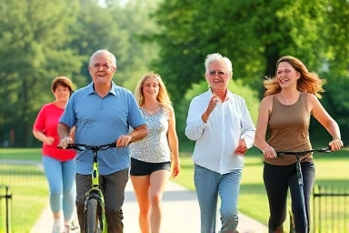 Active middle-aged adults enjoying outdoor exercise for heart health.