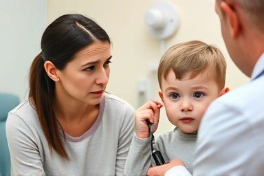Doctor examining child's ear for infection.