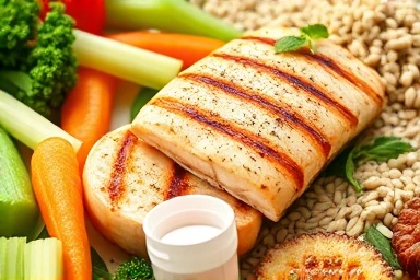 Nutritious meal with vegetables, fish, and grains for heart health.