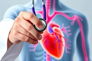 Doctor's hand with stethoscope over circulatory system, emphasizing health.
