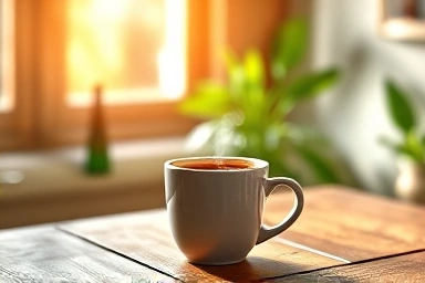 Steaming coffee cup on wooden table, healthy lifestyle symbol.