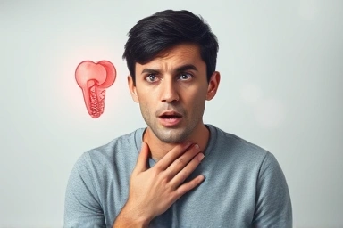 Frustrated person with voice loss, symbolic vocal cord healing