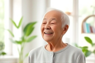 Elderly person practicing COPD breathing exercises peacefully.