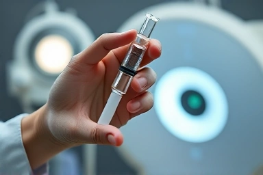 Doctor's hand holding contrast agent syringe, symbolizing medical procedure.