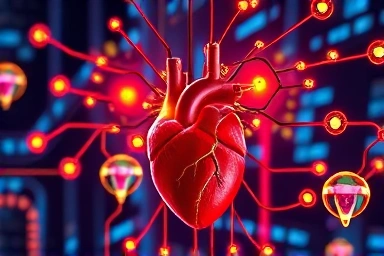 Futuristic medical technology intertwined with a stylized heart, representing advanced cardiac care.