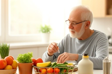 Elderly person enjoying healthy food for constipation relief.