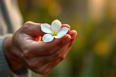 Hopeful elderly hand holding a white flower, symbolizing resilience.