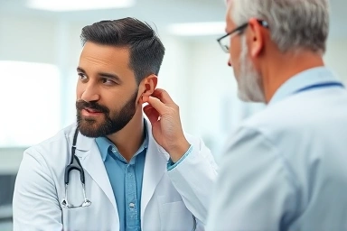 Medical professional diagnosing ear discomfort and Eustachian tube issues.