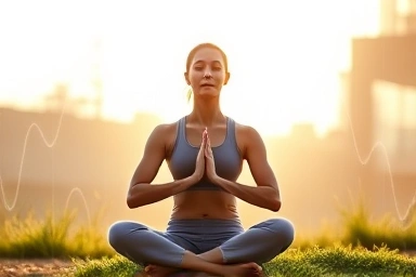 Person doing yoga outdoors, surrounded by calming wave patterns.