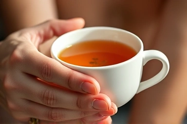Hand holding warm herbal tea, symbolizing relief from finger joint pain.