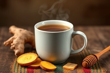 Steaming mug of ginger tea with fresh ginger and honey.