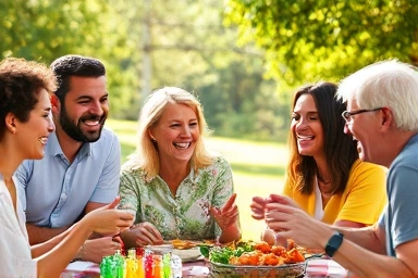 Friends and family sharing a healthy meal, symbolizing support.