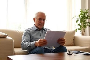 Person reviewing heart health report in a peaceful setting.